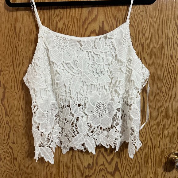 White Floral Crop Top with Lace - Picture 1 of 3